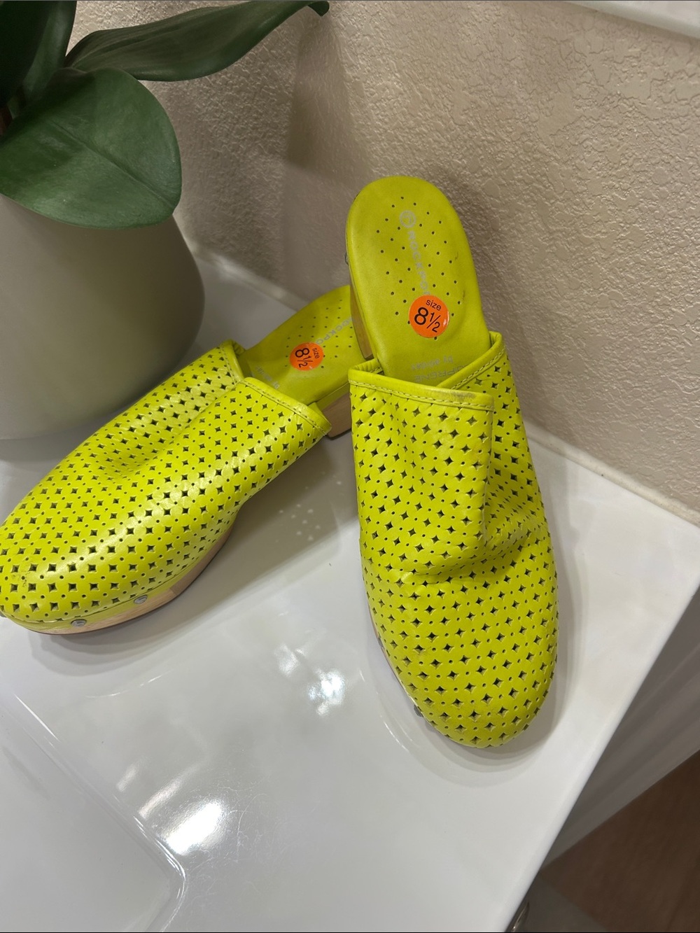 Rockport Neon Yellow Perforated Slip-On Mules - Women